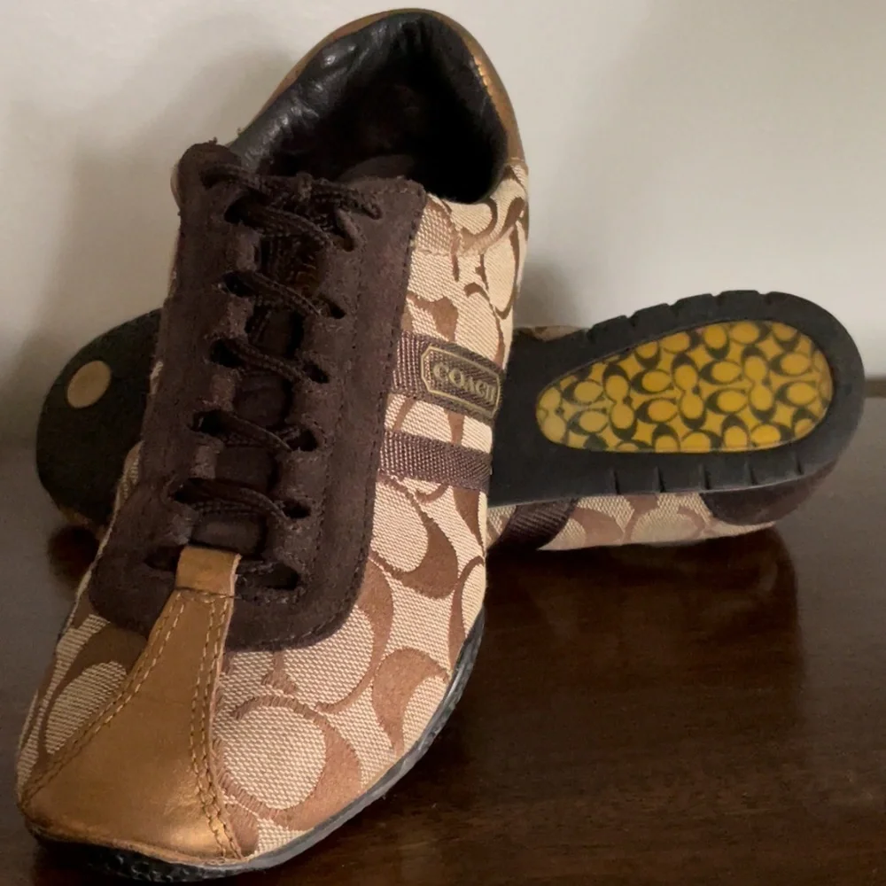 Coach leatherware sneakers leather suede brown tan gold logo - Picture 1 of 16